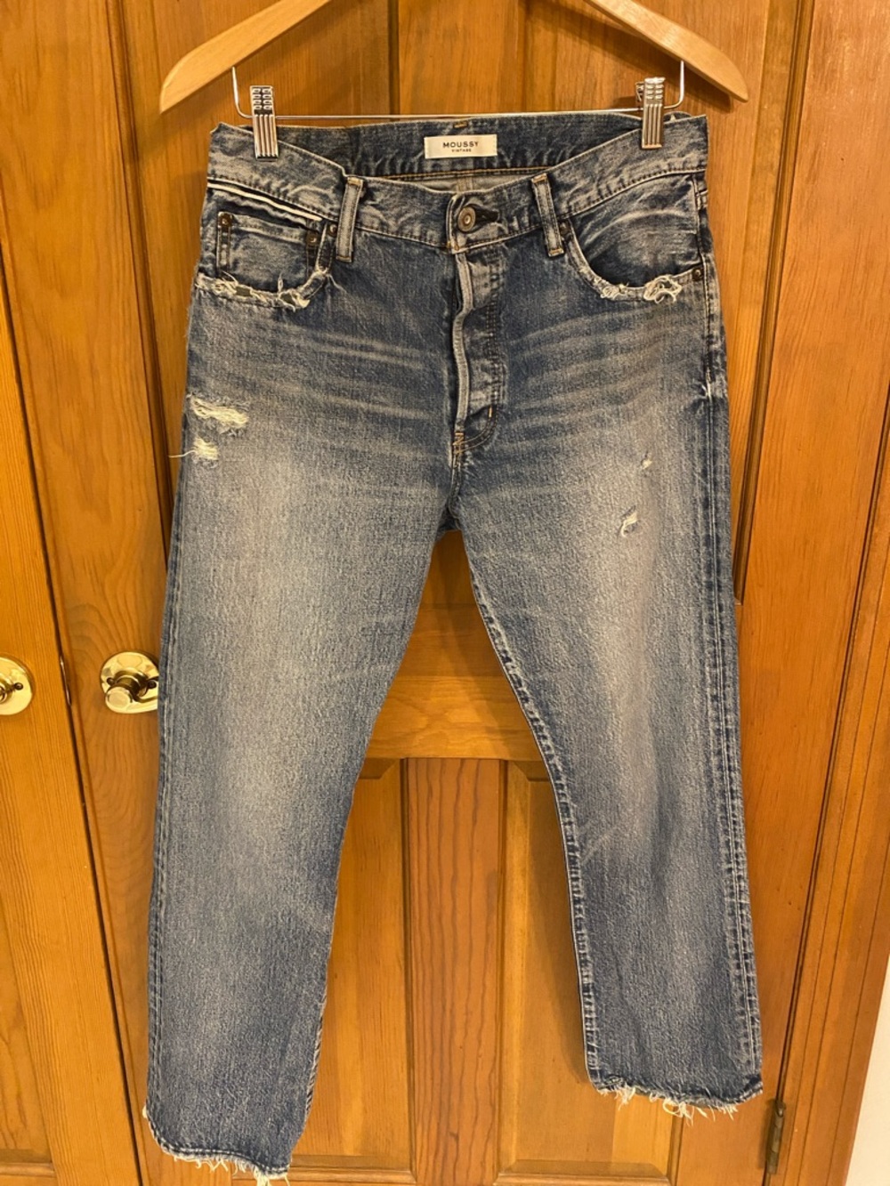 Moussy Slim Straight Faded Blue Distressed Jeans Size 28